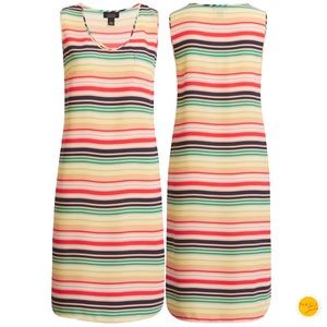 HALOGEN Atlantic-Pacific Sleeveless Stripped Dress Yellow Blue Green Tan Size M